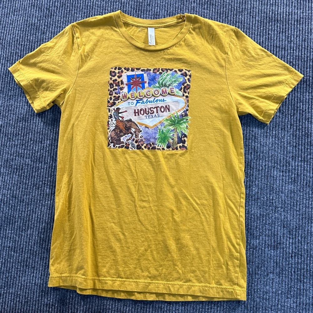 Bella Canvas Houston Texas Graphic Tee Shirt M Mustard Yellow Leopard Rodeo Crew